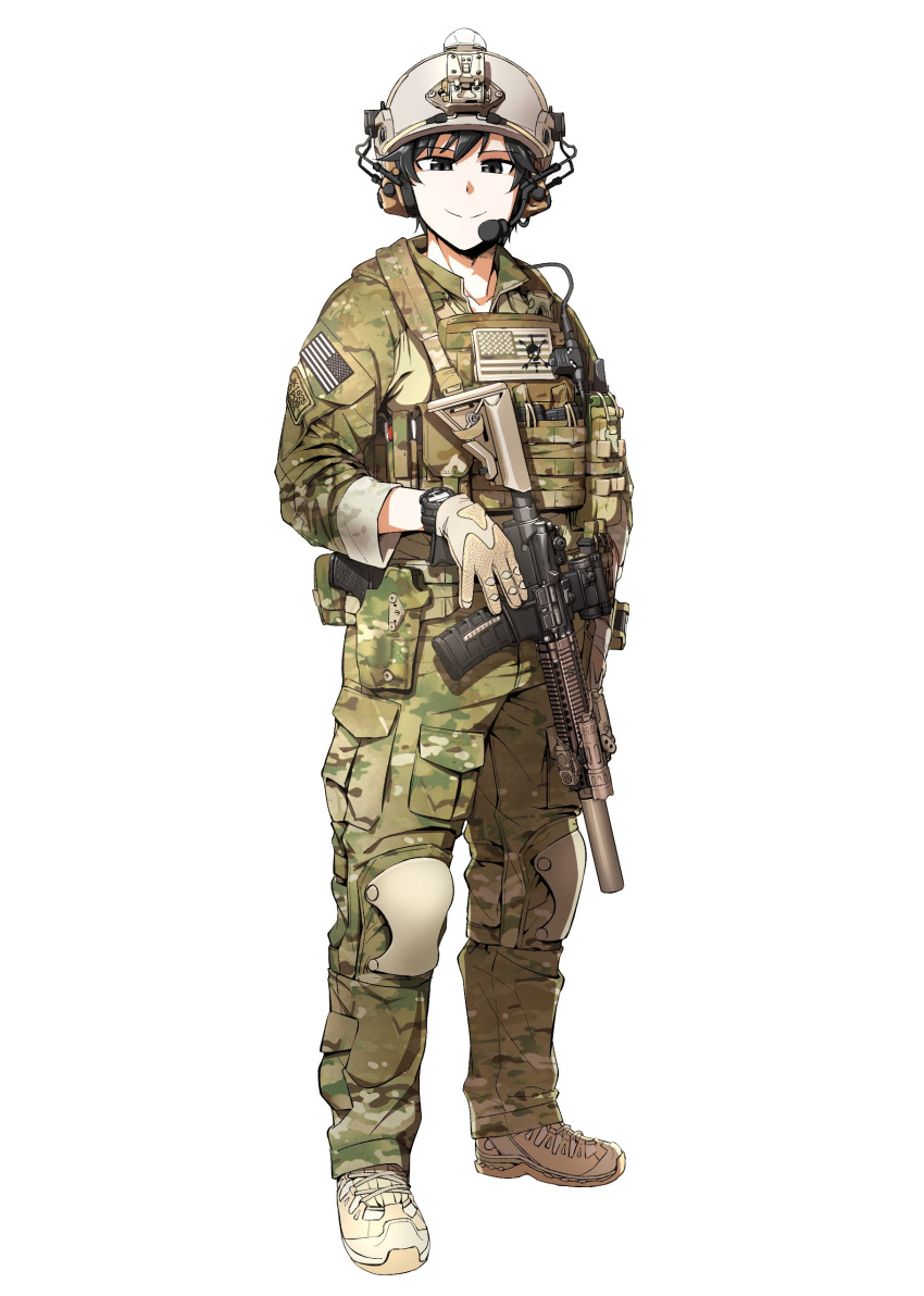 1boy absurdres american_flag assault_rifle black_eyes black_hair camouflage commentary_request commission gloves gun headset helmet highres holding holding_gun holding_weapon korean_commentary looking_at_viewer m4_carbine male_focus military mk_18_carbine original rifle shino_(r_shughart) smile solo united_states_army watch weapon wristwatch