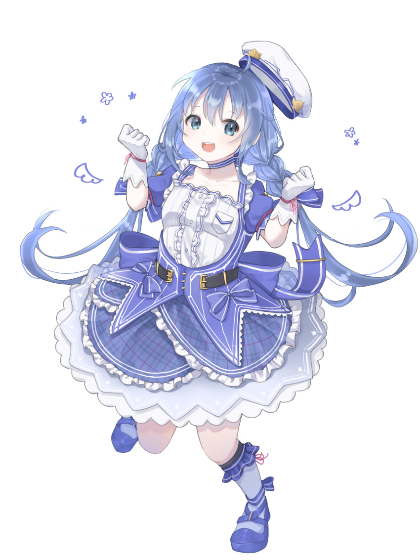 :d ahoge ankle_ribbon back_bow belt blue_bow blue_eyes blue_footwear blue_hair bow braid breasts buttons clenched_hands collarbone commentary female floral_print frilled_gloves frilled_legwear frills full_body gloves hair_between_eyes hat highres jumping knees leg_ribbon long_hair looking_at_viewer miteinano_(mitei_nano28) nijisanji pink_ribbon ribbon simple_background small_breasts smile solo twin_braids virtual_youtuber wavy_mouth white_background white_gloves wrist_ribbon yuuki_chihiro yuuki_chihiro_(8th_costume)