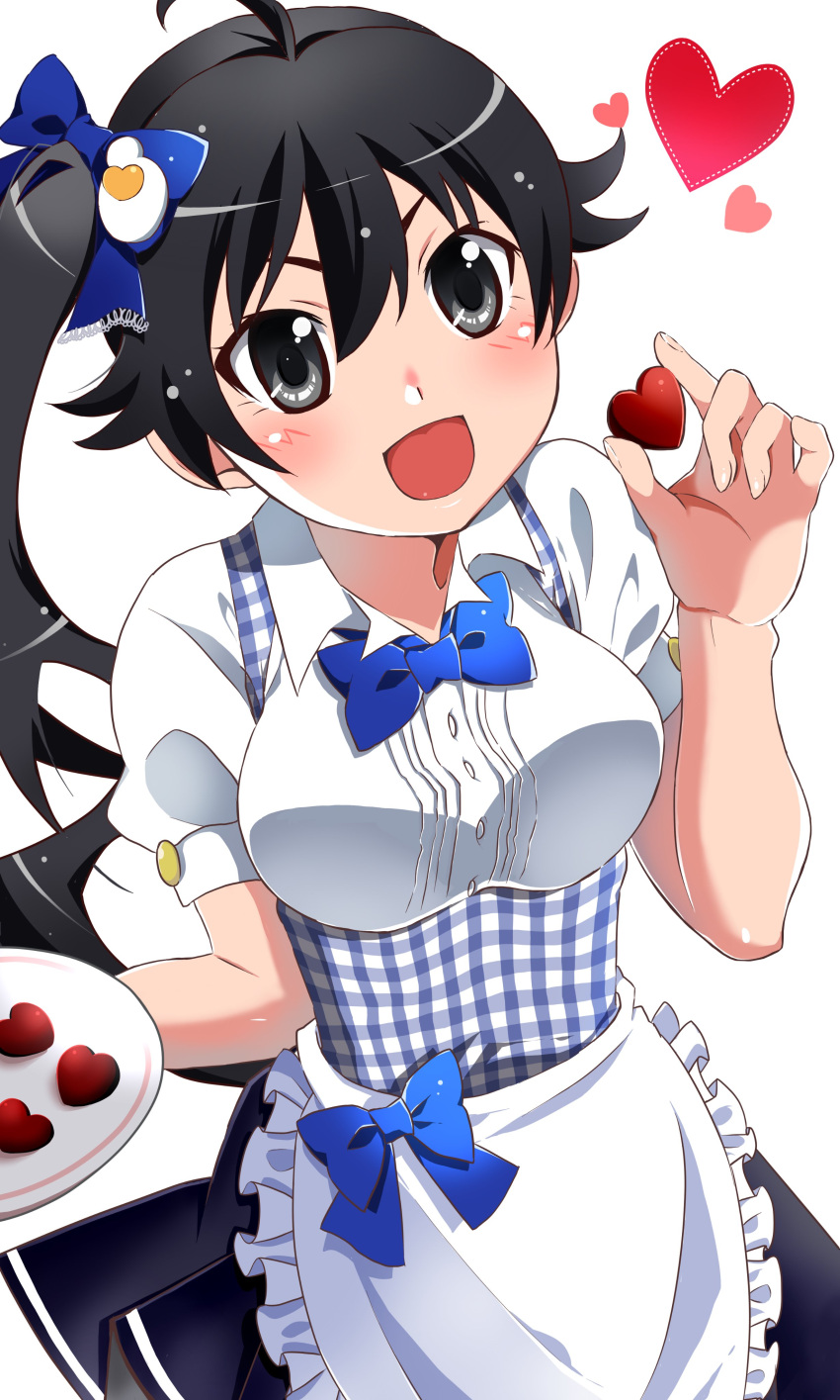 :d absurdres ahoge apron araragi_karen black_eyes black_hair black_skirt blue_apron blue_bow blue_bowtie blush bow bowtie breasts buttons collared_shirt commentary_request dress_shirt egg_hair_ornament female food-themed_hair_ornament frilled_apron frills gingham gingham_apron hair_ornament hairbow hands_up happy heart highres holding holding_plate kobeya kobeya_uniform large_breasts long_hair looking_at_viewer mashimaro_tabetai monogatari_(series) open_mouth plate puffy_short_sleeves puffy_sleeves shirt short_sleeves side_ponytail skirt smile solo standing underbust v-shaped_eyebrows waist_apron waitress watanabe_akio_(style) white_apron white_shirt