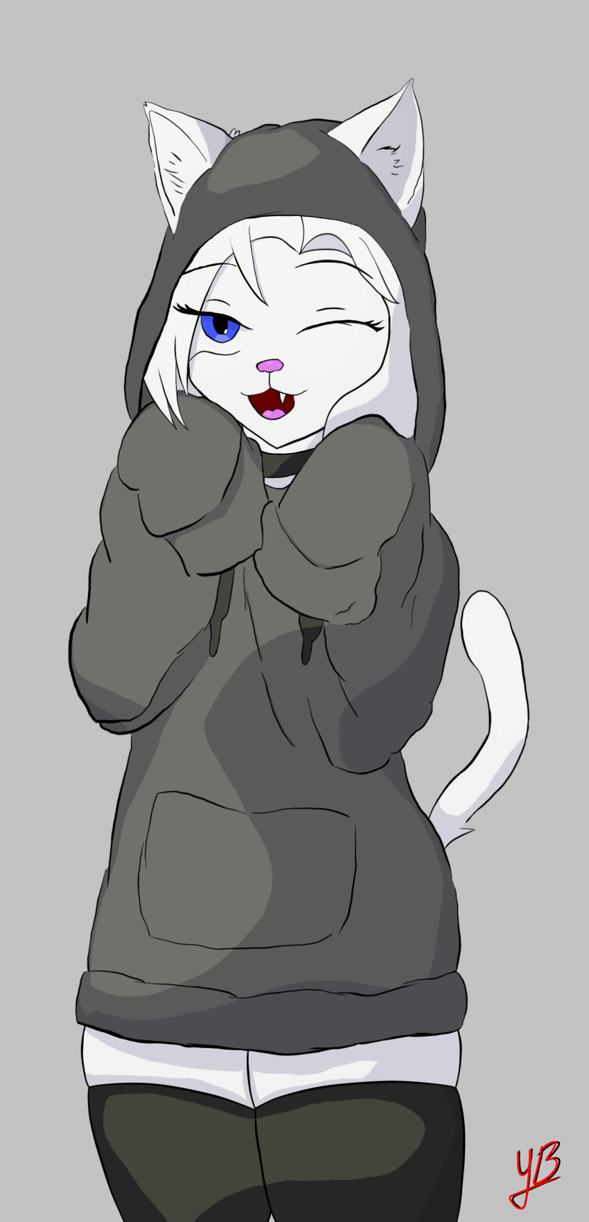 absurd_res anthro blue_eyes choker clothing dakota_(yeetboi420z) femboy fur grey_clothing grey_hoodie grey_topwear hair hi_res hoodie jewelry legwear male necklace one_eye_closed oversized_clothing oversized_hoodie oversized_sleeves oversized_topwear sleeves_past_wrists smile solo thigh_highs topwear white_body white_fur white_hair wink yeetboi420z