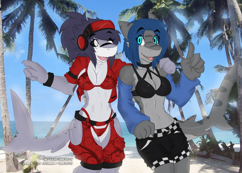 5_fingers anthro azuriae beach breasts clothing day duo female fingers fish looking_at_another marine midriff seaside shark xaenyth xaenyth_(character)