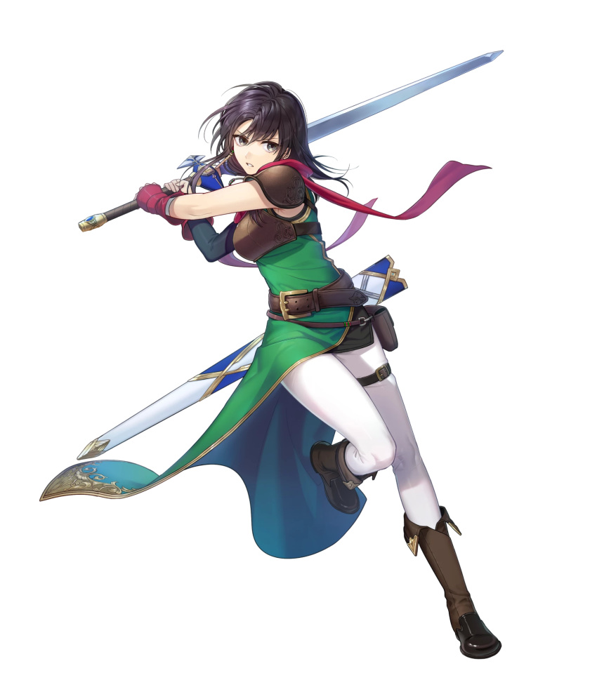 armor belt belt_pouch black_eyes black_hair boots breastplate brown_footwear dress earrings female fingerless_gloves fire_emblem fire_emblem:_thracia_776 fire_emblem_heroes full_body gloves green_dress highres jewelry kiyu_(zuyu) leg_up looking_away mareeta_(fire_emblem) non-web_source official_art pants parted_lips pouch red_gloves red_scarf scarf sheath shoulder_armor sleeveless solo sword thigh_strap transparent_background weapon white_pants