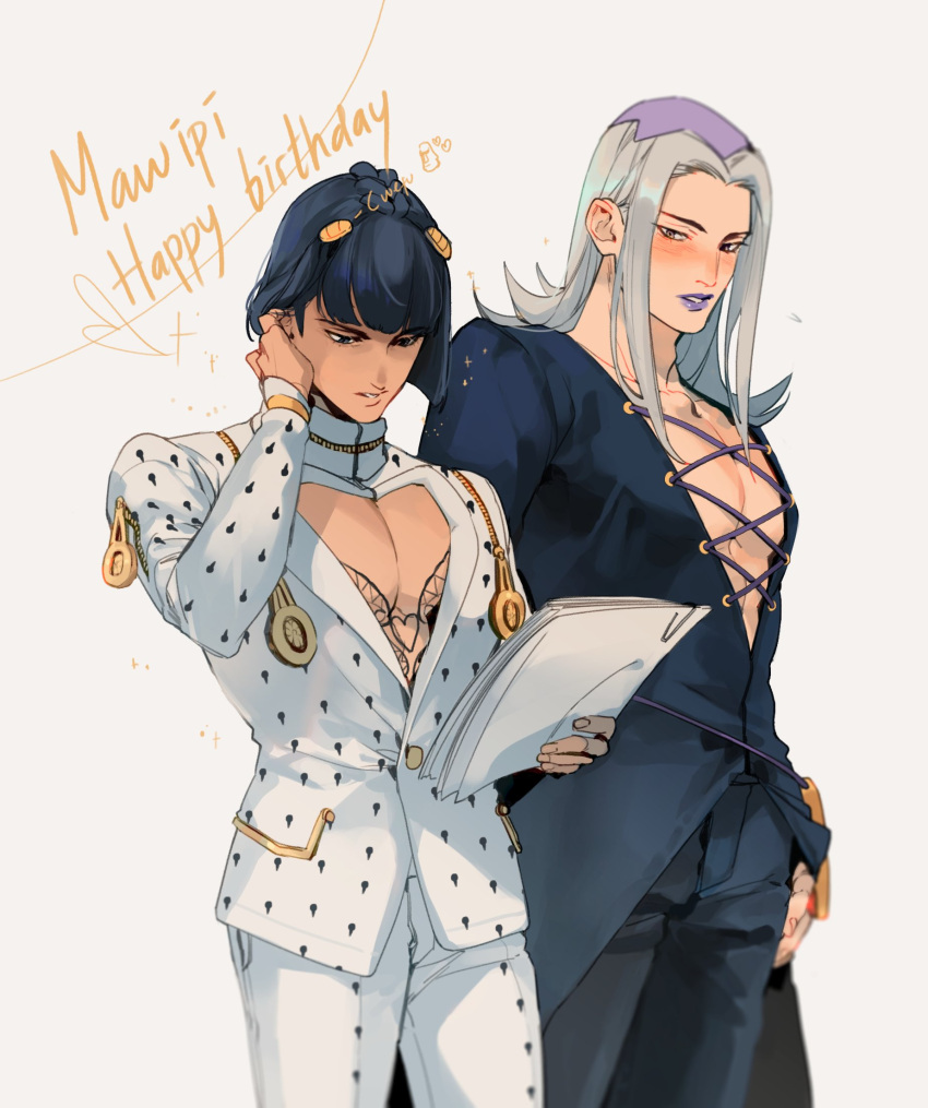 2boys adjusting_hair artist_name birthday blush bob_cut braid bruno_bucciarati center_opening commentary cross-laced_clothes english_commentary flying_sweatdrops formal gift_art hair_ornament happy_birthday heart highres holding holding_paper jojo_no_kimyou_na_bouken leone_abbacchio lipstick long_hair long_sleeves looking_at_another looking_to_the_side makeup male_focus multicolored_eyes multicolored_hair multiple_boys paper pectoral_cleavage pectorals plunging_neckline purple_eyes purple_hair purple_lips sideways_glance sparkle suit two-tone_hair vento_aureo white_hair worvies yaoi yellow_eyes zipper zipper_pull_tab