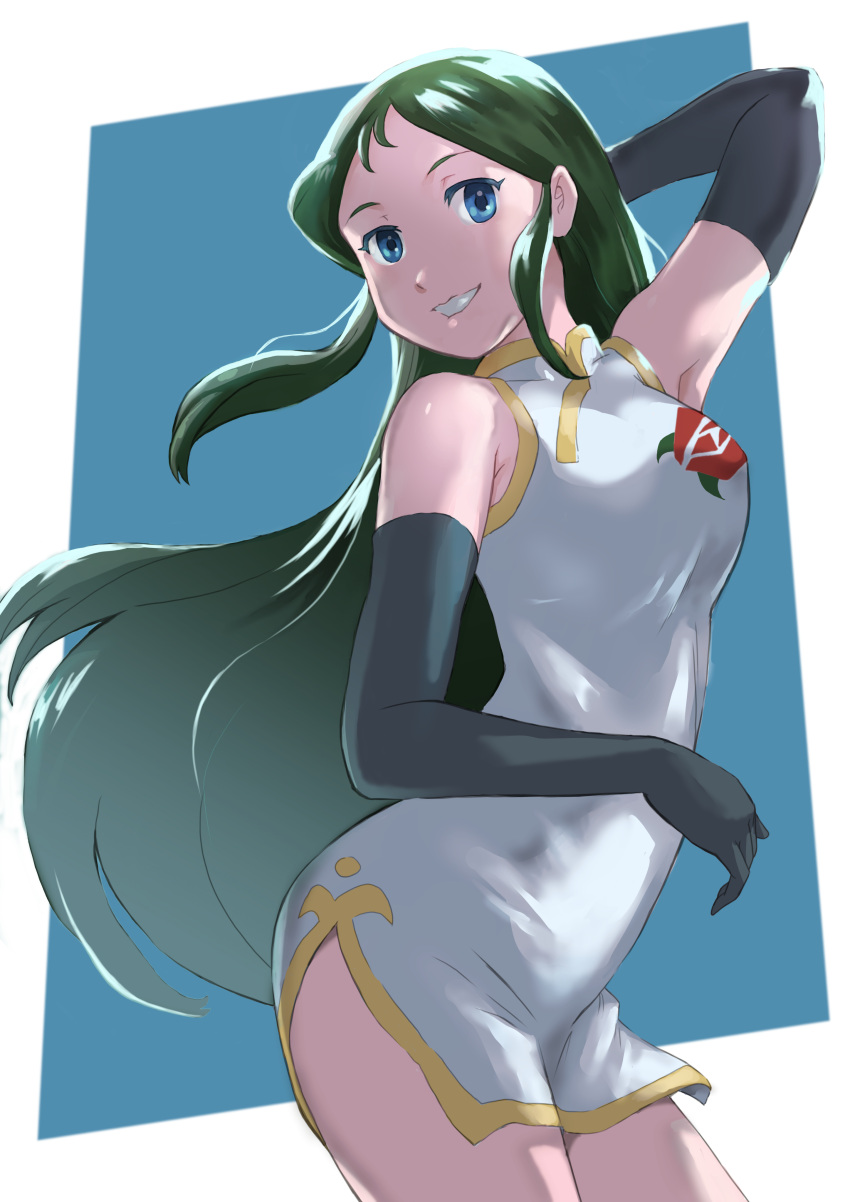 absurdres black_hair blue_eyes breasts china_dress chinese_clothes commentary cowboy_shot dress elbow_gloves female giant_robo ginrei_(giant_robo) gloves green_hair highres k_katora long_hair looking_at_viewer mackintosh_rose medium_breasts smile solo