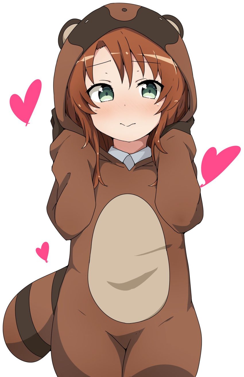 blush brown_hair closed_mouth collared_shirt commentary_request cosplay embarrassed female green_eyes heart highres kigurumi koshigaya_komari long_hair long_sleeves looking_at_viewer non_non_biyori riyo_(aokiwazumi) shirt simple_background solo white_background