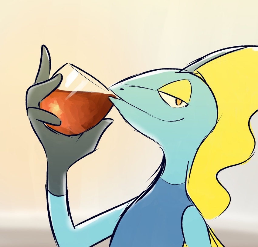 2019 ambiguous_gender anthro beepingbeepster beverage blue_body blue_skin but_that's_none_of_my_business container crossover cup drinking generation_8_pokemon half-closed_eyes hi_res inteleon kermit_the_frog lipton_(brand) looking_at_viewer meme muppets narrowed_eyes nintendo nude pokemon pokemon_(species) reptile scalie simple_background smile solo tan_background tea yellow_eyes