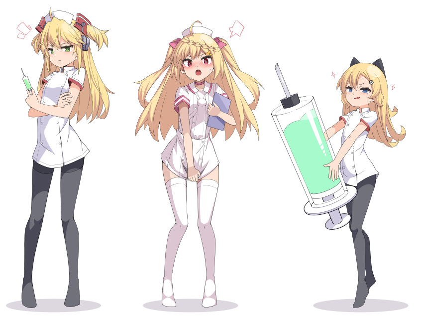 3girls abercrombie_(azur_lane) absurdres admiral_hipper_(azur_lane) ahoge alternate_costume azur_lane black_legwear blonde_hair blue_eyes braid commission crescent_(azur_lane) dress dress_tug embarrassed hair_ribbon hat highres holding kandori long_hair looking_at_viewer multiple_girls nurse nurse_cap oversized_object pantyhose red_eyes ribbon short_dress short_sleeves simple_background skeb_commission smile standing syringe thighhighs white_background white_dress white_headwear white_thighhighs