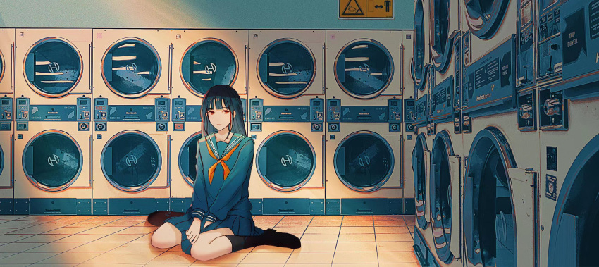 :| black_hair blue_skirt blush brown_eyes chinese_commentary closed_mouth commentary female highres laundromat long_hair long_sleeves looking_at_viewer maionese neckerchief on_floor original reflection scenery school_uniform serafuku serious sitting skirt socks solo tile_floor tiles wariza washing_machine wide_shot