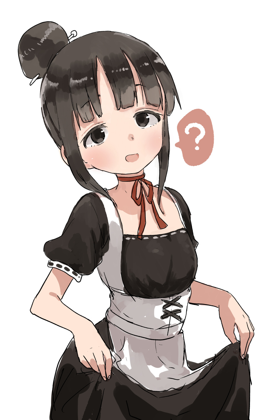 ? absurdres alternate_costume apron black_dress black_hair choker commentary_request dress enmaided female hair_bun hair_ornament hair_stick highres jaggy_lines kunoichi_tsubaki_no_mune_no_uchi maid mokuren_(kunoichi_tsubaki_no_mune_no_uchi) puffy_short_sleeves puffy_sleeves red_choker short_sleeves sidelocks simple_background single_hair_bun skirt_hold solo spoken_question_mark white_apron white_background yamamoto_souichirou