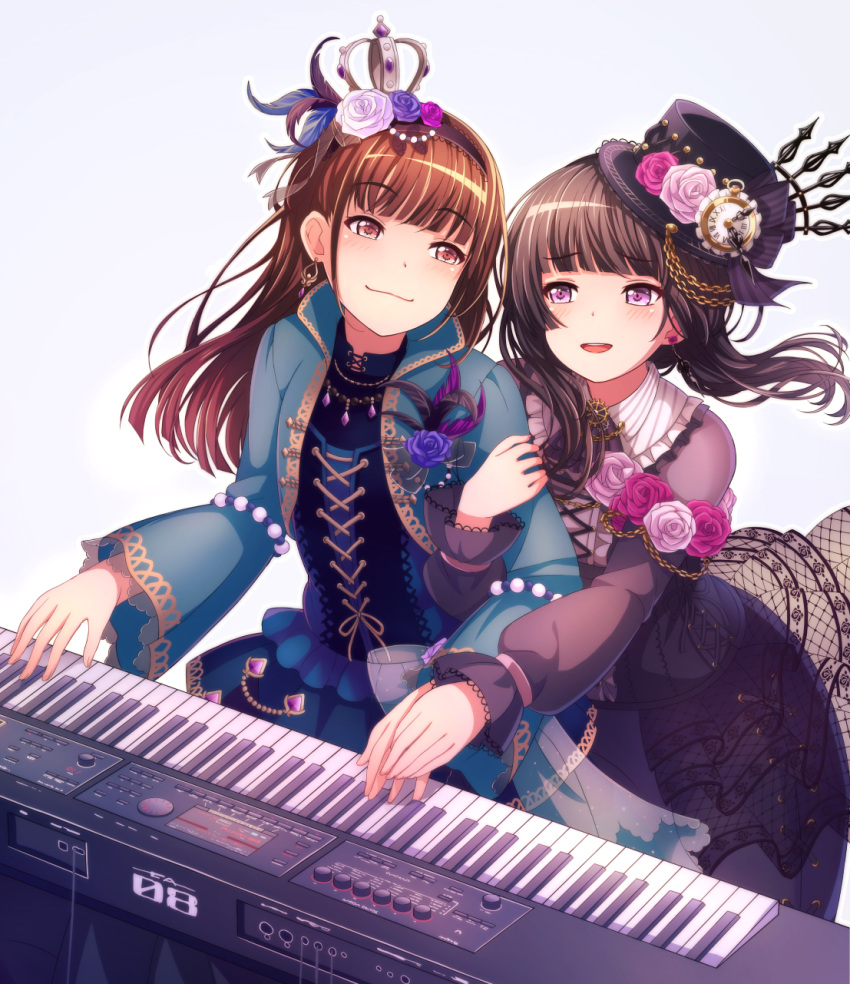 2girls :3 :d akesaka_satomi aqua_jacket bang_dream! black_choker black_dress black_hair black_headwear black_ribbon blue_dress blue_feathers blue_flower blue_rose blush brown_eyes brown_hair choker clock commentary corsage cross-laced_clothes crown dress earrings feather_hair_ornament feathers flower frilled_shirt_collar frills grey_background hair_ornament hairband hand_on_another's_hand hat hat_chain hat_flower hat_ribbon highres hiroki_(yyqw7151) holding_own_arm instrument jacket jewelry long_sleeves looking_at_another multiple_girls music open_mouth pink_flower pink_rose playing_instrument purple_eyes purple_feathers ribbon roland_(company) rose shirokane_rinko smile synthesizer voice_actor voice_actor_connection