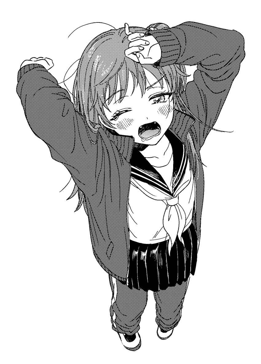 arms_up baburo bad_id bad_pixiv_id female flat_chest from_above full_body greyscale hand_on_own_head highres jacket long_hair long_sleeves looking_at_viewer looking_up messy_hair miniskirt monochrome neckerchief nire_hikari one_eye_closed one_side_up open_clothes open_jacket open_mouth pants pants_under_skirt pinky_out pleated_skirt saliva school_uniform serafuku shoes simple_background skirt sleepy solo standing stretching tears track_pants uwabaki world_trigger yawning