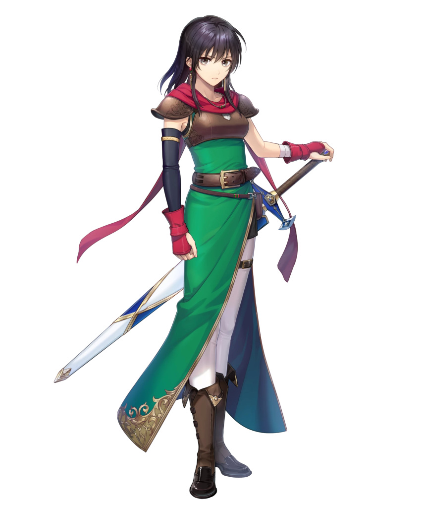 armor belt belt_pouch black_hair boots breastplate brown_footwear closed_mouth dress earrings female fingerless_gloves fire_emblem fire_emblem:_thracia_776 fire_emblem_heroes full_body gloves green_dress highres jewelry kiyu_(zuyu) looking_at_viewer mareeta_(fire_emblem) non-web_source official_art pants pouch red_scarf scarf sheath sheathed shoulder_armor sleeveless solo standing sword thigh_strap transparent_background weapon white_pants