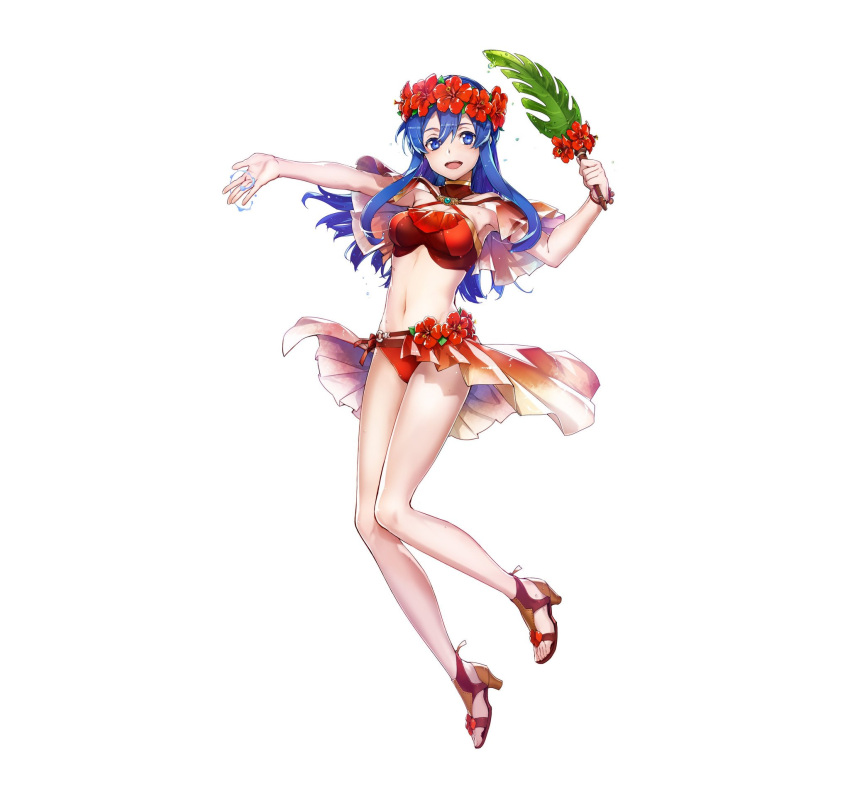 bare_arms bikini blue_eyes blue_hair bracelet breasts bunbun capelet female fire_emblem fire_emblem:_the_binding_blade fire_emblem_heroes flower full_body hair_ornament head_wreath hibiscus high_heels highres holding jewelry legs lilina_(fire_emblem) lilina_(summer)_(fire_emblem) long_hair looking_at_viewer medium_breasts navel official_art open_mouth red_bikini revision sandals second-party_source simple_background smile solo stomach swimsuit toeless_footwear toes white_background