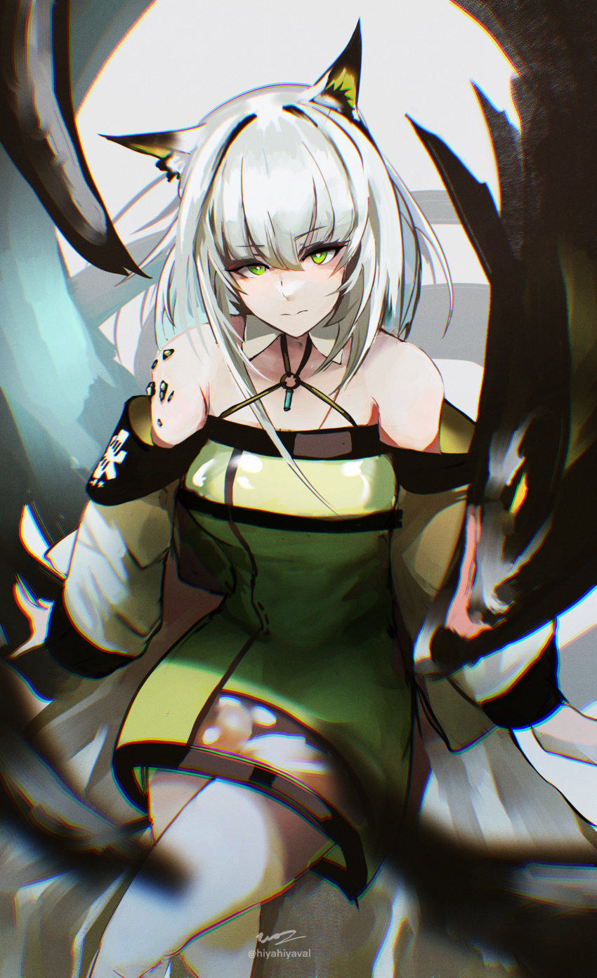 absurdres animal_ear_fluff animal_ears arknights bad_id bad_twitter_id bare_shoulders breasts cat_ears closed_mouth commentary dress female green_dress green_eyes green_hair grey_hair highres hiyaori_(hiyahiyaval) kal'tsit_(arknights) long_hair long_sleeves looking_at_viewer material_growth off_shoulder oripathy_lesion_(arknights) solo star_of_life