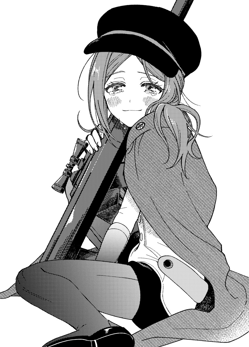 absurdres baburo cape feet_out_of_frame female from_side gloves greyscale gun hat highres hiura_akane holding holding_gun holding_weapon knee_up long_hair looking_at_viewer messy_hair monochrome nasu_squad's_uniform pantyhose rifle simple_background sitting smile solo tears uniform wariza weapon world_trigger