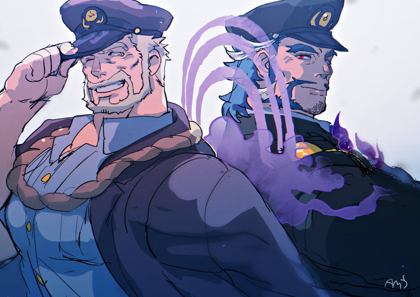 amu_(omoro3bot) bara beard blue_hair daikoku_(housamo) dark_blue_hair facial_hair forked_eyebrows halo halo_behind_head highres hogen_(housamo) looking_at_viewer male_focus mature_male moustache multicolored_hair multiple_boys muscular muscular_male mutton_chops old old_man short_hair sideburns smile thick_eyebrows tokyo_afterschool_summoners two-tone_hair upper_body white_hair yellow_eyes