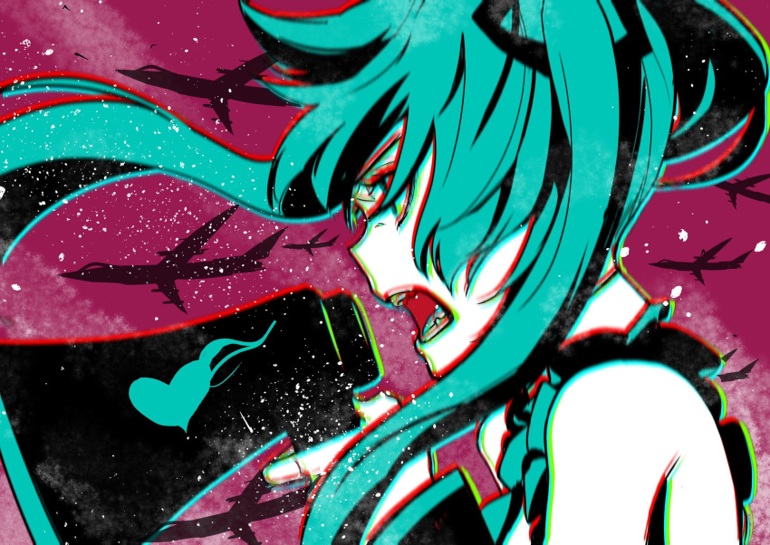 aircraft airplane bare_shoulders blue_eyes blue_hair chromatic_aberration female floating_hair from_side hatsune_miku heart heart_print highres holding holding_megaphone koi_wa_sensou_(vocaloid) logo long_hair longlong_(drasdr7513) looking_down megaphone open_mouth silhouette solo supercell_(band) twintails upper_body vocaloid