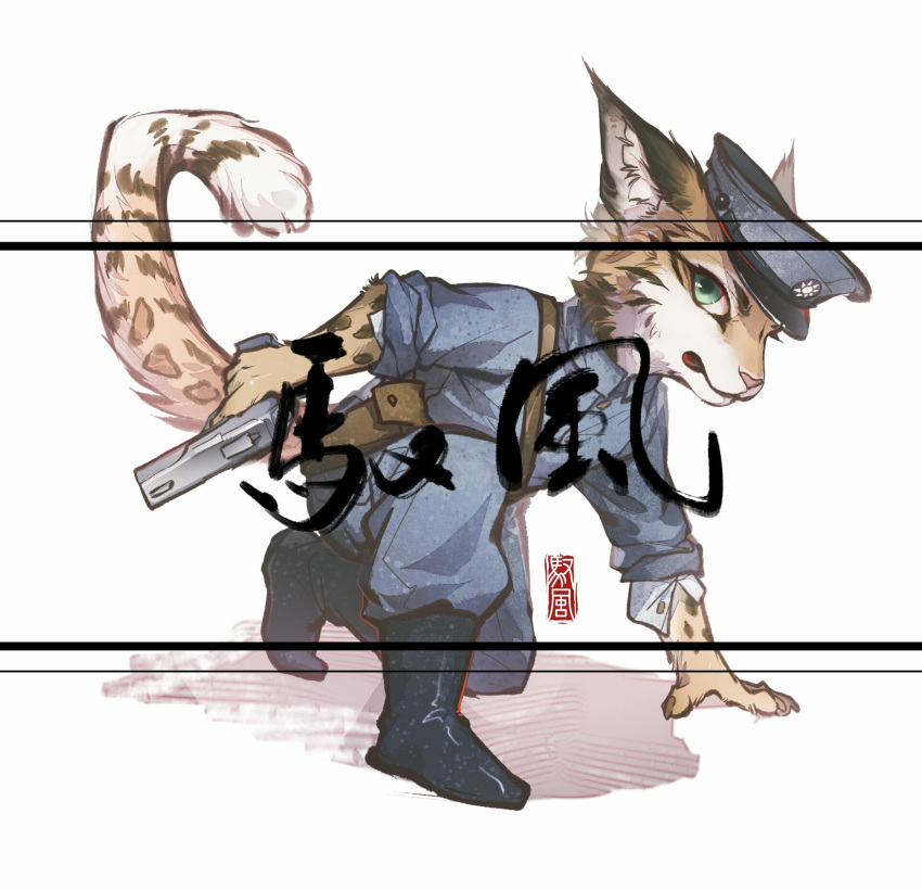 ambiguous_gender anthro clothed clothing clouded_leopard digital_media_(artwork) felid female_(lore) fully_clothed gun handgun hi_res holding_gun holding_handgun holding_object holding_pistol holding_ranged_weapon holding_weapon kneeling kuomintang m1911 mammal military pantherine pistol ranged_weapon smallyu soldier solo song_yuehan taiwan taiwanese uniform warrior weapon