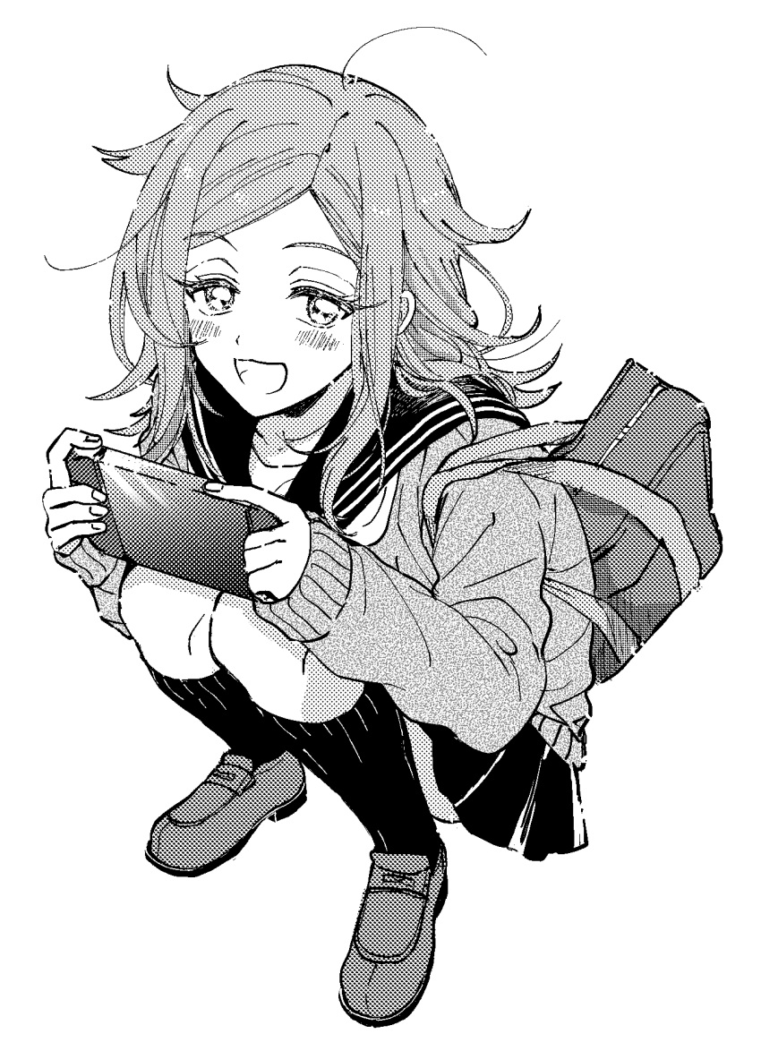 :d baburo bad_id bad_pixiv_id bag blush commentary_request female flipped_hair from_above full_body game_console greyscale highres holding kneehighs kunichika_yuu loafers long_hair long_sleeves looking_at_viewer looking_up messy_hair miniskirt monochrome open_mouth pleated_skirt school_bag shoes simple_background skirt sleeves_past_wrists smile socks solo squatting sweater world_trigger