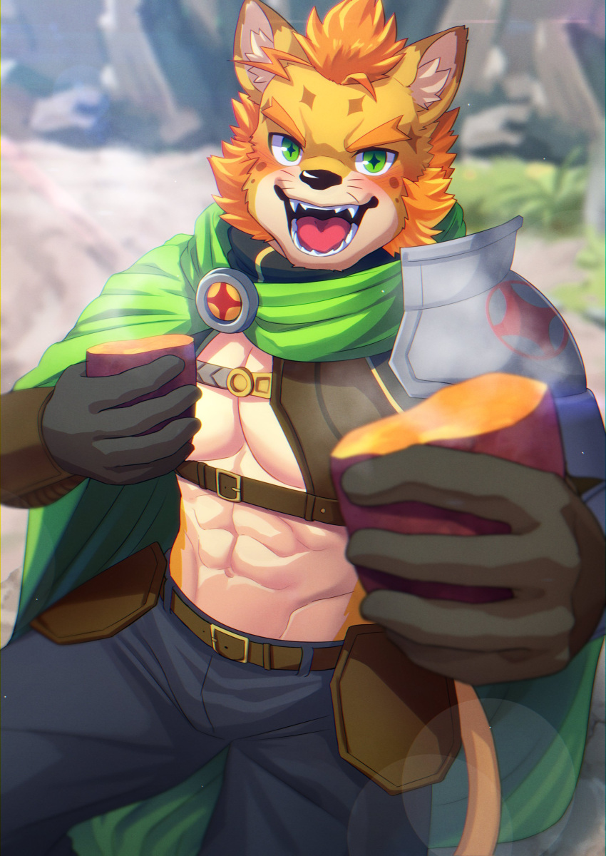 abs absurd_res anthro armor blush bottomwear cape clothing felid food hi_res kemono lifewonders lion live_a_hero male mammal manadezimon muscular muscular_anthro muscular_male offering_food pantherine pants pecs plant rutilix_(live_a_hero) solo sweet_potato unconvincing_armor vegetable