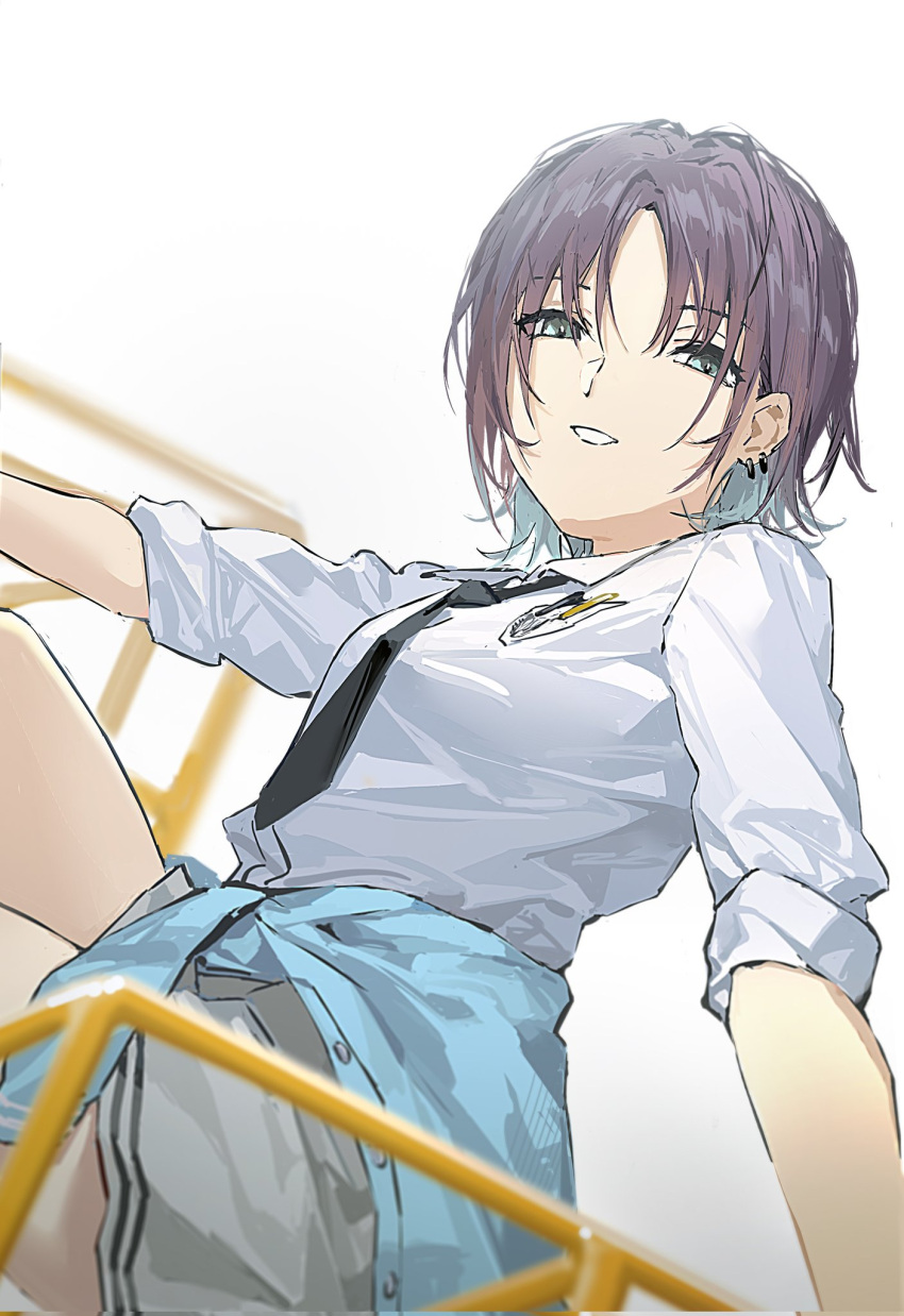 asakura_toru black_hair black_necktie blue_eyes blue_hair blue_jacket breast_pocket breasts brown_hair cardigan cardigan_around_waist clothes_around_waist collared_shirt ear_piercing earrings female gradient_hair grey_skirt highres idolmaster idolmaster_shiny_colors jacket jacket_around_waist jewelry jungle_gym long_sleeves looking_back medium_breasts multicolored_hair necktie parted_bangs pen_in_pocket piercing plaid plaid_skirt pleated_skirt pocket school_uniform shirt short_hair simple_background sitting skirt sleeves_rolled_up smile solo white_background white_shirt yannn