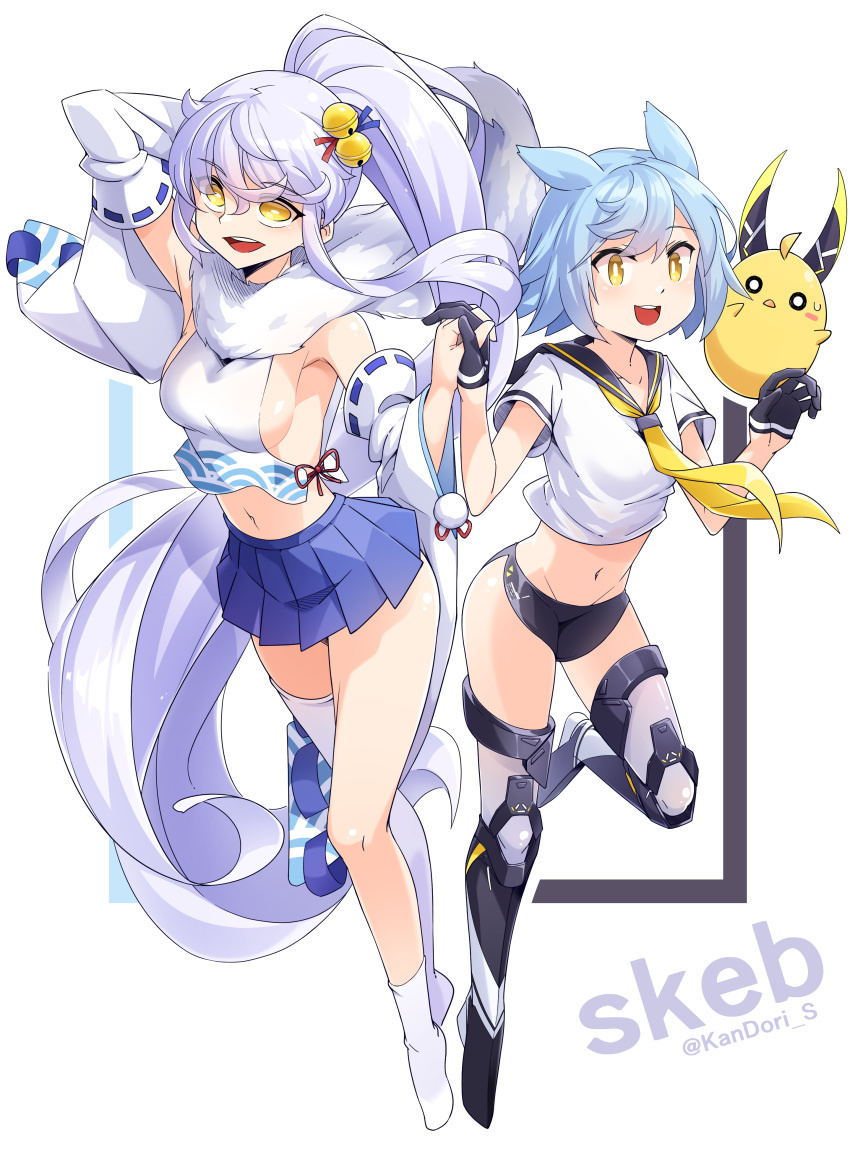 2girls absurdres animal_ears armpits asymmetrical_legwear azur_lane bell black_gloves blue_hair blue_skirt boots breasts bright_pupils commentary_request cosplay costume_switch crop_top detached_sleeves fubuki_(azur_lane) full_body gloves grey_hair hair_bell hair_ornament half_gloves highres holding_hands interlocked_fingers kandori long_hair looking_at_viewer manjuu_(azur_lane) medium_breasts micro_shorts miniskirt multiple_girls navel neck_ribbon no_shoes open_mouth pleated_skirt ponytail purifier_(azur_lane) ribbon sailor_collar short_hair short_sleeves shorts sideboob sidelocks single_sock single_thighhigh siren_(azur_lane) skirt smile socks standing stomach thigh_boots thighhighs uneven_legwear very_long_hair white_pupils white_socks white_thighhighs yellow_eyes yellow_ribbon