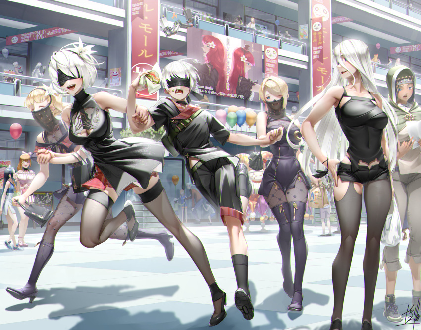 1boy 2b_(nier:automata) 6+girls 9s_(nier:automata) a2_(nier:automata) adam_(nier:automata) adapted_costume alternate_costume anemone_(nier:automata) bag black_blindfold black_shorts blindfold blonde_hair blue_eyes breasts character_request cleavage_cutout clothing_cutout clown commander_(nier:automata) commentary_request covered_eyes devola dress eating eve_(nier:automata) food grey_hair handbag happy height_difference high_heels highres holding holding_food holding_hands hood hood_up indoors kawarage leaning_to_the_side legs_apart long_hair looking_at_another medium_hair mole mole_under_mouth mouth_veil multiple_girls nier:automata nier_(series) one_eye_closed open_mouth operator_21o operator_6o pants pantyhose pod_(nier:automata) popola running shirt shoes short_hair short_shorts shorts shoulder_bag smile socks standing thighhighs veil very_long_hair zettai_ryouiki