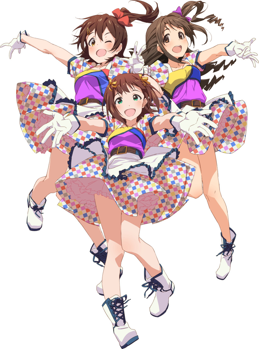 3girls ;d absurdres amami_haruka belt blush boots brown_eyes brown_hair checkered_clothes checkered_skirt commentary_request frilled_skirt frills gloves green_eyes hair_ornament hair_ribbon hairclip half_updo highres idolmaster idolmaster_(classic) idolmaster_cinderella_girls idolmaster_million_live! kasuga_mirai korean_commentary layered_skirt legs long_hair looking_at_viewer medium_hair multiple_girls new_generations_(idolmaster) one_eye_closed one_side_up open_mouth pinuett puffy_short_sleeves puffy_sleeves ribbon scrunchie shimamura_uzuki short_hair short_sleeves skirt smile white_background white_footwear white_gloves yellow_eyes yellow_ribbon