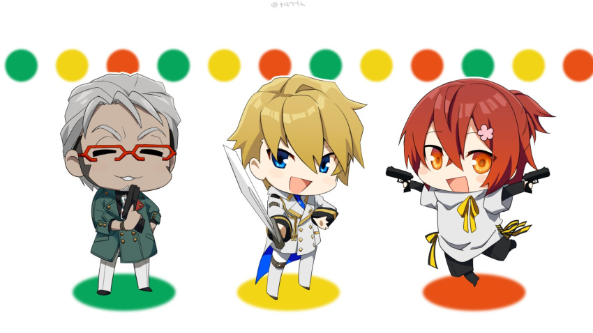 3boys :3 :d ^_^ arurandeisu blonde_hair blue_eyes cape chibi closed_eyes commentary_request dual_wielding full_body glasses grey_hair gun hair_between_eyes hanasaki_miyabi highres holding holding_gun holding_sword holding_weapon holostars kishido_temma layered_sleeves long_sleeves looking_at_viewer male_focus mudo_(saji) multiple_boys necktie open_mouth orange_eyes pants red_hair ribbon short_hair short_over_long_sleeves short_sleeves simple_background smile sword virtual_youtuber weapon white_background white_pants yellow_ribbon yurustars