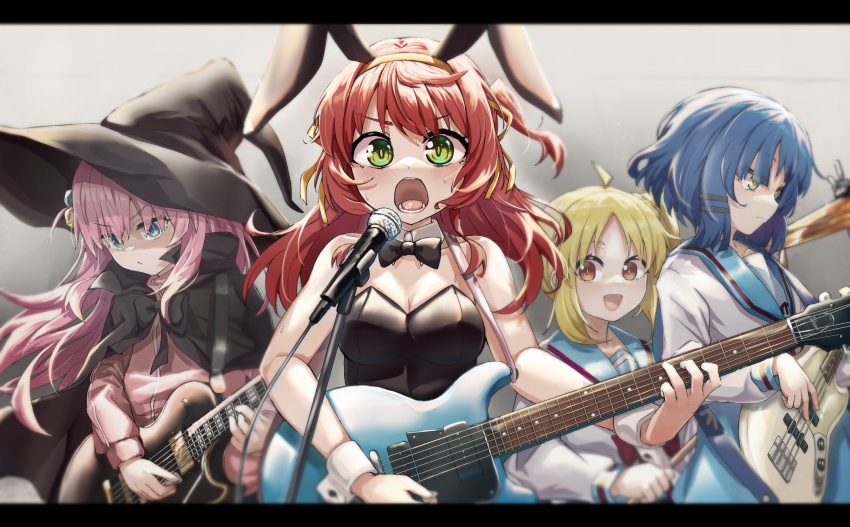 4girls animal_ears band bass_guitar blonde_hair blue_eyes bocchi_the_rock! commentary_request cosplay cube_hair_ornament electric_guitar fender_precision_bass gibson_les_paul god_knows... gotoh_hitori green_eyes guitar hair_ornament hat highres holding holding_instrument ijichi_nijika instrument kita_high_school_uniform kita_ikuyo microphone mole mole_under_eye multiple_girls nagato_yuki nagato_yuki_(cosplay) name_connection pink_hair pink_track_suit rabbit_ears red_hair school_uniform short_hair shuka_high_school_uniform sleepyowl_(jobkung15) suzumiya_haruhi suzumiya_haruhi_(cosplay) suzumiya_haruhi_no_yuuutsu winter_uniform witch_hat yamada_ryo yellow_eyes