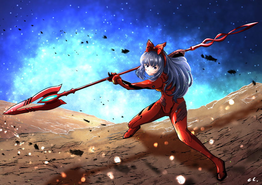 a-soul absurdres blood blood_on_face blue_hair bodysuit bow carol_(a-soul) cc_(taeki512) cosplay female fighting_stance hairbow highres holding holding_polearm holding_weapon interface_headset long_hair neon_genesis_evangelion pilot_suit plugsuit polearm purple_eyes red_bodysuit solo souryuu_asuka_langley souryuu_asuka_langley_(cosplay) spear spear_of_cassius spread_legs thighs virtual_youtuber weapon wide_spread_legs