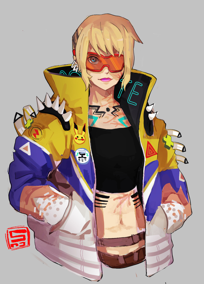 alternate_hairstyle apex_legends black_tube_top blue_eyes cosplay crop_top crypto_(apex_legends) crypto_(apex_legends)_(cosplay) goggles grey_background hands_in_pockets highres hype_beast_crypto jacket midriff multicolored_clothes multicolored_jacket navel one_eye_covered patch pikachu pokemon purple_lips scar scar_on_cheek scar_on_chest scar_on_face scar_on_stomach shaira_(noxlotl) short_hair spikes strapless tube_top upper_body wattson_(apex_legends)