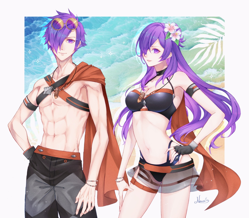 1boy abs bad_id bad_twitter_id bikini black_bikini black_gloves breasts cape check_commentary cleavage closed_mouth commentary commentary_request dq11neu eyewear_on_head female fingerless_gloves fire_emblem fire_emblem:_three_houses fire_emblem_heroes fire_emblem_warriors:_three_hopes flower gloves hair_flower hair_ornament hair_over_one_eye hand_on_own_hip highres lips long_hair looking_at_viewer male_swimwear medium_breasts muscular muscular_male navel official_alternate_costume one_eye_covered orange_cape parted_lips pink_lips purple_eyes purple_hair see-through shez_(female)_(fire_emblem) shez_(female)_(summer)_(fire_emblem) shez_(fire_emblem) shez_(male)_(fire_emblem) shez_(male)_(summer)_(fire_emblem) short_hair signature single_glove smile stomach sunglasses swim_trunks swimsuit topless_male