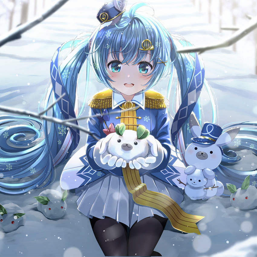 :d ahoge animal aqua_eyes bangs banned_artist black_headwear black_legwear blue_bow blue_hair blue_jacket blurry blurry_background blurry_foreground blush bow bunny commentary_request depth_of_field epaulettes eyebrows_visible_through_hair female gloves grey_skirt hair_between_eyes hair_ornament hat hatsune_miku holding jacket long_hair long_sleeves open_mouth pantyhose peaked_cap pleated_skirt rabbit_yukine red_bow sidelocks sitting skirt smile snow snow_bunny snowman tilted_headwear tree_branch twintails upper_teeth very_long_hair vocaloid white_gloves x_hair_ornament yuki_miku yuki_miku_(2020) yuuka_nonoko