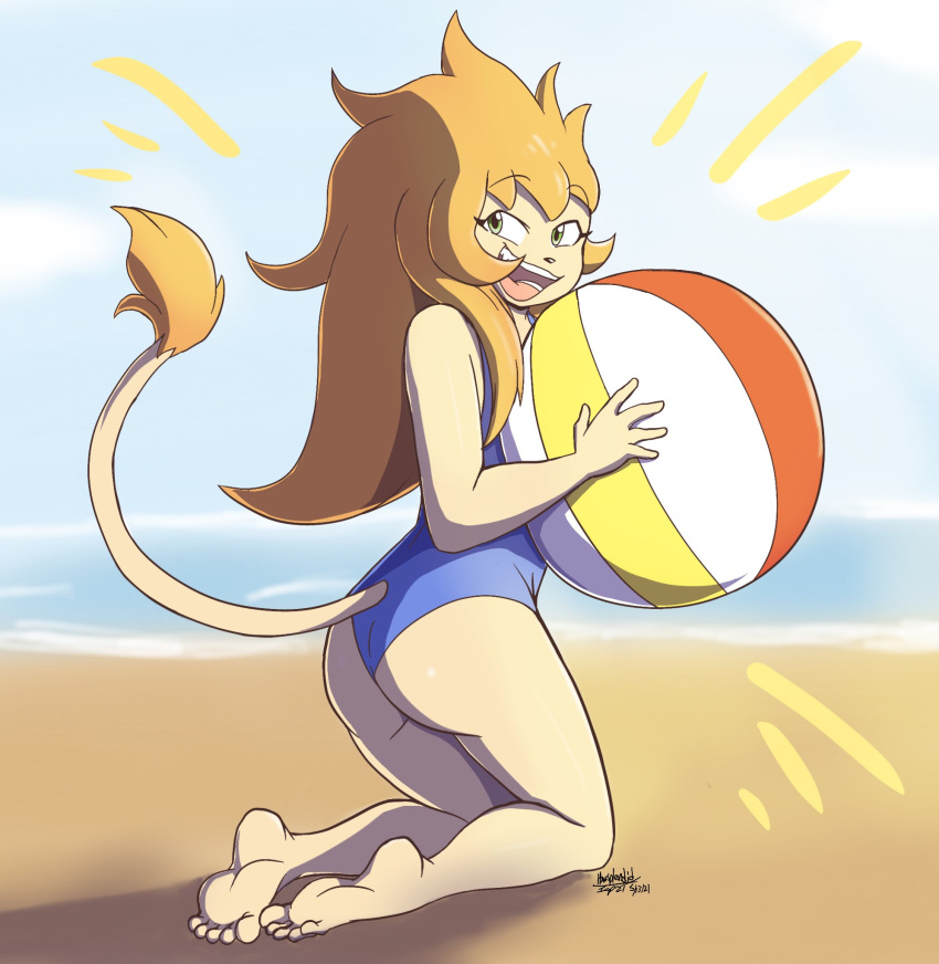 5_fingers 5_toes anthro ashter_(howsplendid) ball barefoot beach beach_ball clothing feet felid femboy fingers hi_res howsplendid humanoid_feet humanoid_hands inflatable lion male mammal open_mouth pantherine plantigrade seaside smile soles solo swimwear toes