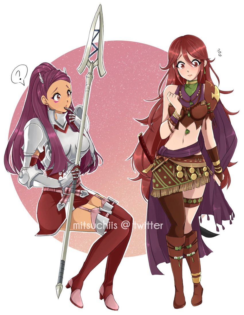 2girls ? armor blush boots bracelet breastplate commentary commission cordelia_(fire_emblem) cordelia_(fire_emblem)_(cosplay) cosplay costume_switch dark-skinned_female dark_red_hair dark_skin dress earrings english_commentary facial_mark fire_emblem fire_emblem:_three_houses fire_emblem_awakening fire_emblem_heroes flying_sweatdrops garter_straps hair_ornament hair_pulled_back hairpin highres holding jewelry knee_boots long_hair midriff mitsuchiis multiple_girls navel pantyhose petra_macneary petra_macneary_(cosplay) polearm ponytail purple_eyes purple_hair red_eyes red_hair sheath sheathed short_dress sitting skirt spoken_question_mark sword thighhighs twitter_username weapon wing_hair_ornament