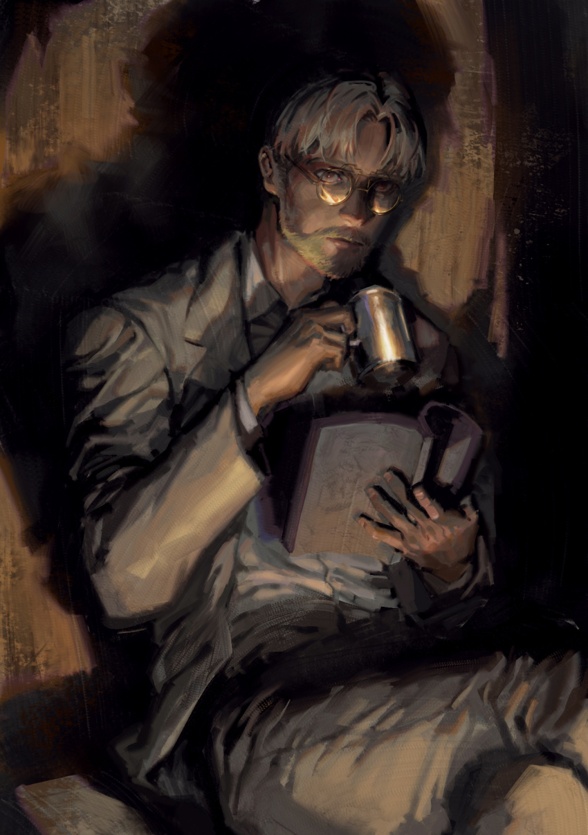 1boy beard blonde_hair book che_(cyan_crown) commentary cup facial_hair glasses highres holding holding_book holding_cup jacket looking_at_viewer male_focus moustache shadow shingeki_no_kyojin shirt sitting solo white_shirt zeke_yeager