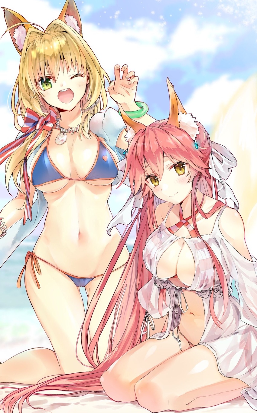 2girls ahoge animal_ear_fluff animal_ears ass_visible_through_thighs bare_shoulders beach_umbrella bikini blonde_hair blue_bikini blurry blurry_background blush bow breasts brown_eyes cleavage closed_mouth collarbone commentary_request cosplay criss-cross_halter day earrings fate/grand_order fate_(series) fingernails fox_ears green_eyes groin hair_between_eyes hair_intakes hairbow halterneck hand_up heart highres jewelry large_breasts long_hair looking_at_viewer low_twintails multiple_girls navel nero_claudius_(fate) nero_claudius_(swimsuit_caster)_(fate) nero_claudius_(swimsuit_caster)_(fate)_(cosplay) one_eye_closed open_mouth outdoors pink_hair puffy_short_sleeves puffy_sleeves round_teeth see-through seiza shiny_skin short_sleeves side-tie_bikini_bottom sitting sling_bikini_top smile striped_bikini striped_clothes sweat swimsuit tamamo_(fate) tamamo_no_mae_(swimsuit_lancer)_(fate) tamamo_no_mae_(swimsuit_lancer)_(fate)_(cosplay) tamamo_no_mae_(swimsuit_lancer)_(third_ascension)_(fate) teeth tomozero towel twintails umbrella upper_teeth_only very_long_hair white_bow