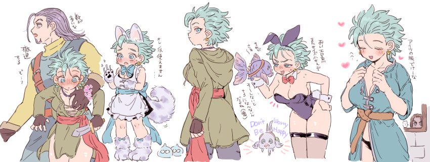 2boys animal_ears animal_hands beard blue_hair blush brown_hair camus_(dq11) claws detached_collar dragon_quest dragon_quest_xi earrings eda_(prsy3) facial_hair fake_animal_ears female fingerless_gloves fish fishnet_legwear fishnets genderswap_(mtf) gloves greig_(dq11) hero_(dq11) highres jewelry leotard long_hair multiple_boys multiple_views paw_gloves peeping playboy_bunny purple_facial_hair purple_hair rabbit_ears rule_63 short_hair short_sword slime_(substance) standing strapless strapless_leotard sword thighhighs translation_request weapon wrist_cuffs