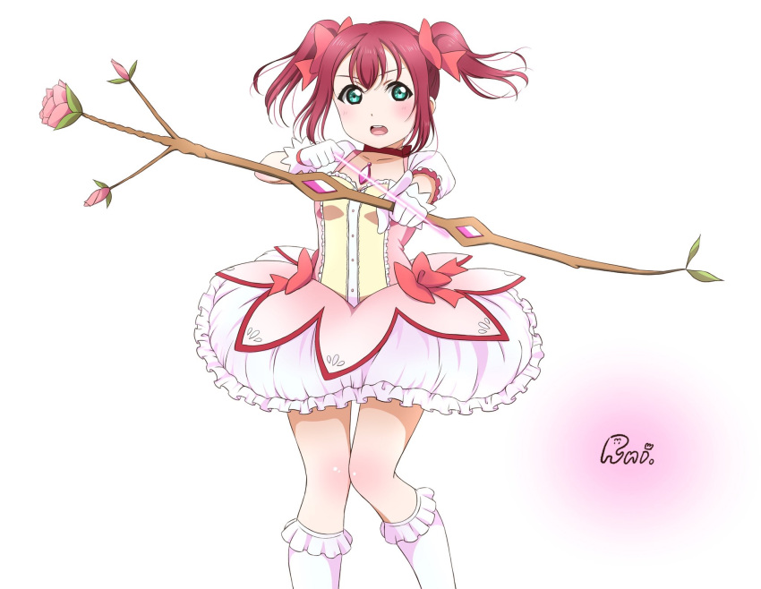 aiming aiming_at_viewer artist_name bow bow_(weapon) breasts bubble_skirt choker cosplay cowboy_shot dress female frilled_socks frills hairbow highres holding holding_bow_(weapon) holding_weapon kaname_madoka kaname_madoka_(cosplay) kaname_madoka_(magical_girl) kneehighs kurosawa_ruby looking_at_viewer love_live! love_live!_sunshine!! mahou_shoujo_madoka_magica mahou_shoujo_madoka_magica_(anime) open_mouth pink_dress puffy_short_sleeves puffy_sleeves red_bow red_choker ribbon_choker runi_(87025) short_hair short_sleeves simple_background skirt small_breasts socks solo teeth twintails upper_teeth_only weapon white_background white_socks