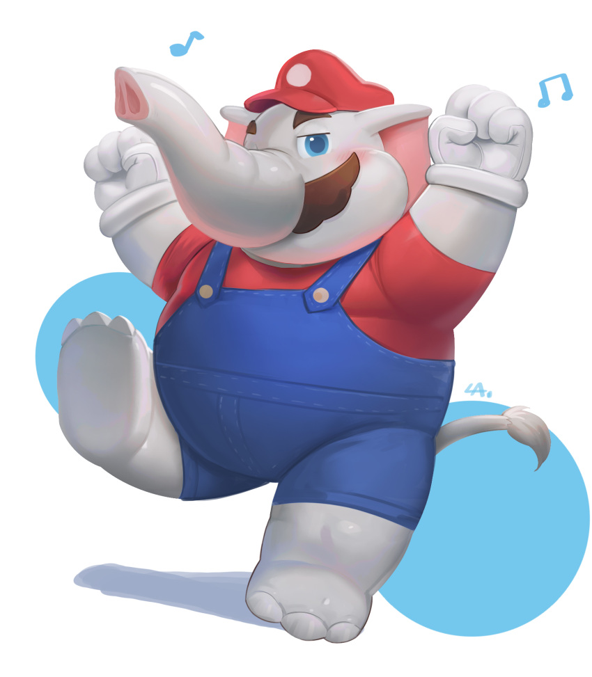 1boy blue_eyes blue_overalls blush clenched_hands elephant_boy elephant_mario facial_hair furry furry_male gloves hat highres initial looking_at_viewer mario mario_(series) moustache musical_note overalls red_hat shoyuna_(cai1448331577) simple_background solo super_mario_bros._wonder white_gloves