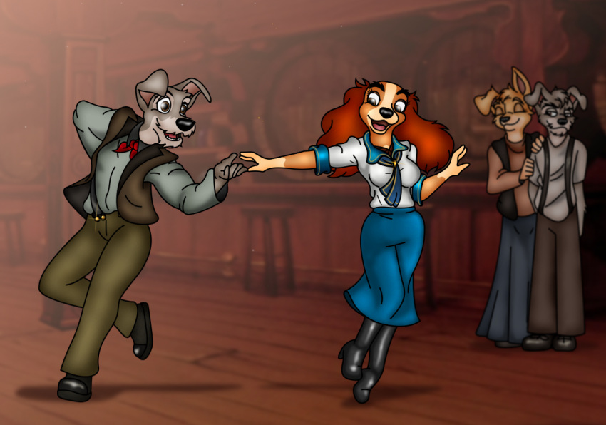 2022 5_fingers angel_(lady_and_the_tramp) anthro anthrofied ascot bird_dog black_nose boots bottomwear breasts brown_body brown_fur canid canine canis canon_couple clothing cocker_spaniel dancing digital_media_(artwork) disney domestic_dog duo_focus female fingers folwilliar footwear fur grey_body grey_fur group high_heeled_boots high_heels humanoid_hands hunting_dog lady_(lady_and_the_tramp) lady_and_the_tramp male male/female mammal mixed_breed open_mouth open_smile pants pomeranian pomsky scamp_(lady_and_the_tramp) schnauzer skirt smile spaniel spitz standing suspenders tan_body tan_fur teeth tongue topwear tramp_(lady_and_the_tramp) vest