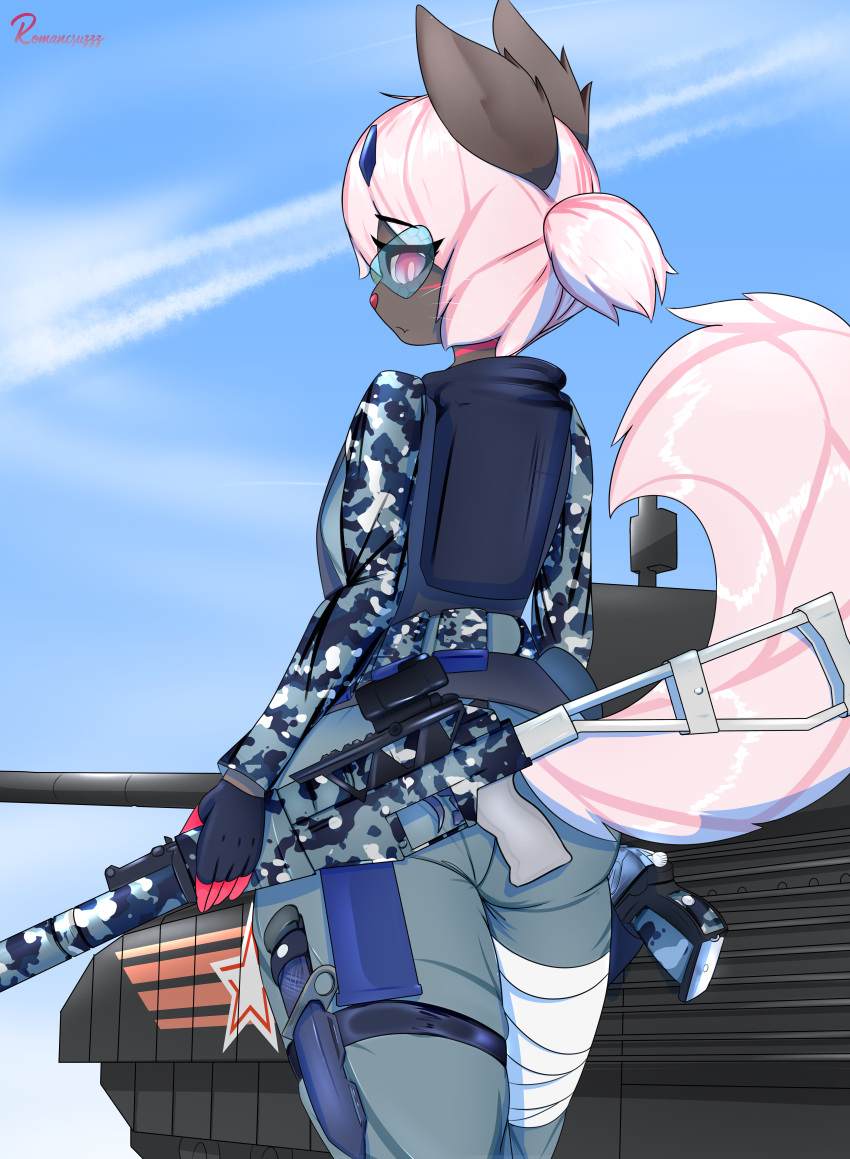 2021 absurd_res as_val camo camo_print clothed clothing day eyewear female fluffy fluffy_tail fur glasses grey_body grey_fur gun hi_res holding_object holding_weapon knife looking_at_viewer looking_back mammal military outside pink_body pink_fur pink_nose portrait ranged_weapon rifle romancruzzz solo t-14_armata_(tank) tail tank three-quarter_portrait vehicle weapon