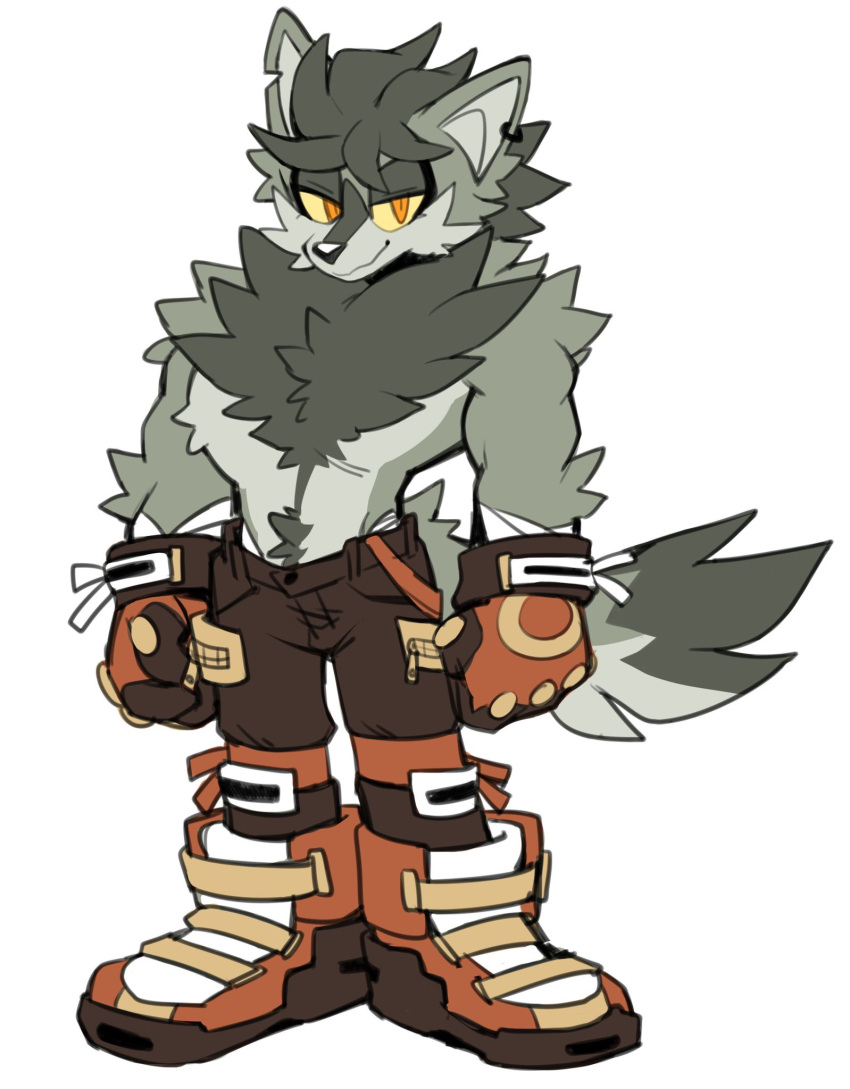 1boy animal_ears bad_id bad_twitter_id body_fur boots brown_pants clenched_hands colored_sclera commentary earrings english_commentary full_body furry furry_male gloves grey_fur grey_hair half-closed_eyes highres jewelry kaijumilk_(milkchaotea) looking_at_viewer male_focus orange_eyes orange_footwear original pants ryder_(milkchaotea) simple_background single_earring smile solo standing tail topless_male white_background wolf_boy wolf_ears wolf_tail yellow_sclera