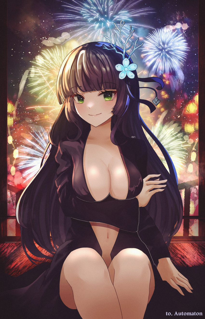 absurdres bad_id bad_pixiv_id black_coat black_hair blue_flower blunt_bangs breast_rest breasts cleavage closed_mouth coat commission female fireworks flower gmg grey_eyes hair_flower hair_ornament highres long_hair long_sleeves looking_at_viewer medium_breasts naked_coat night open_clothes open_coat original outdoors sitting sky smile solo star_(sky) starry_sky very_long_hair