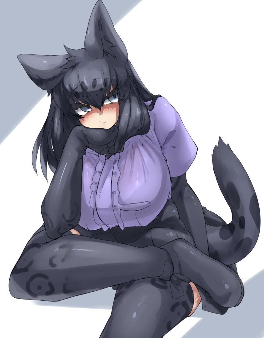 absurd_res animal_humanoid armwear big_breasts black_hair black_leopard_(kemono_friends) blush bottomwear bra_outline breasts clothed clothing elbow_gloves felid felid_humanoid female footwear gloves grey_eyes hair handwear hi_res humanoid inner_ear_fluff kemono_friends legwear leopard_humanoid mammal mammal_humanoid medium_hair pantherine pantherine_humanoid skirt solo spots spotted_hair thigh_highs tuft urisaba