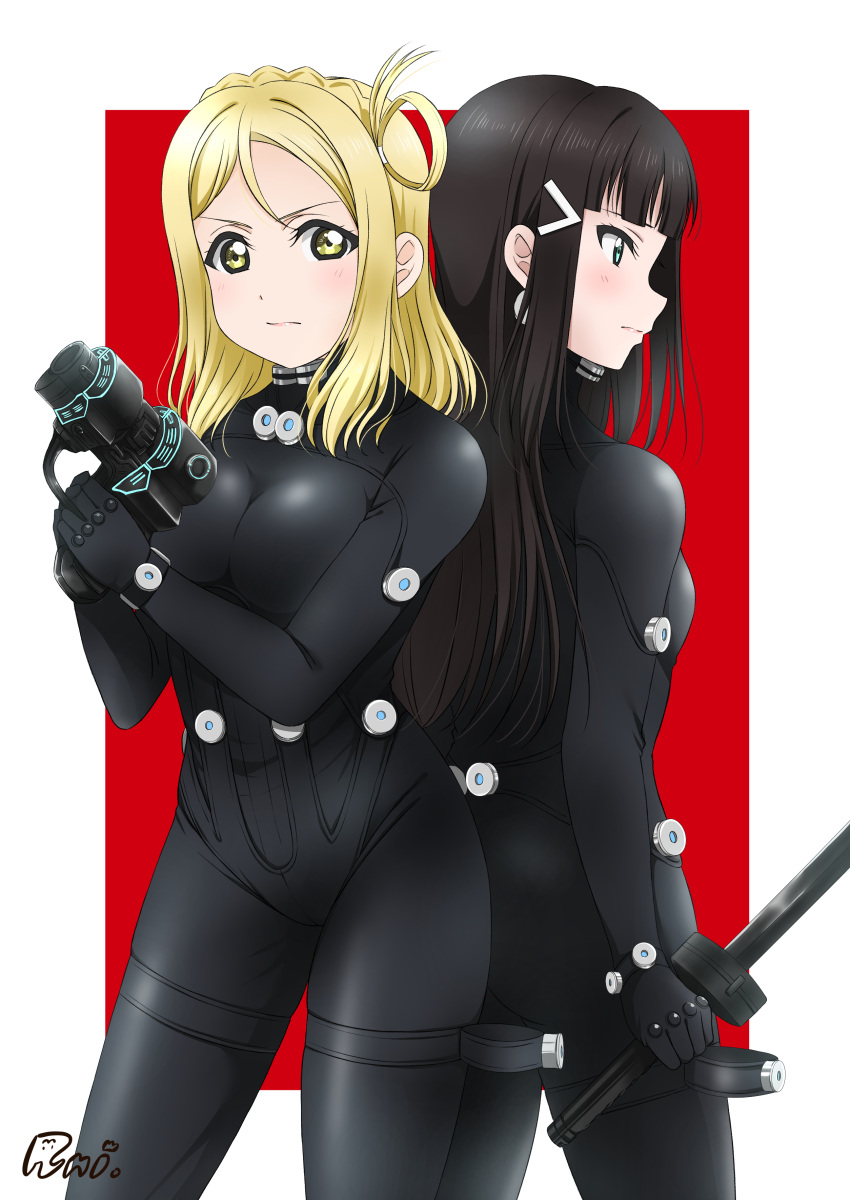 2girls absurdres aqua_eyes artist_name black_bodysuit black_legwear blonde_hair blunt_bangs bodysuit breasts closed_mouth commentary cowboy_shot gantz gantz_suit gantz_sword gun hands_up highres holding holding_gun holding_sword holding_weapon kurosawa_dia light_blush lipgloss lips long_hair looking_at_viewer looking_to_the_side love_live! love_live!_sunshine!! medium_breasts medium_hair multiple_girls ohara_mari runi_(87025) serious small_breasts sword weapon yellow_eyes