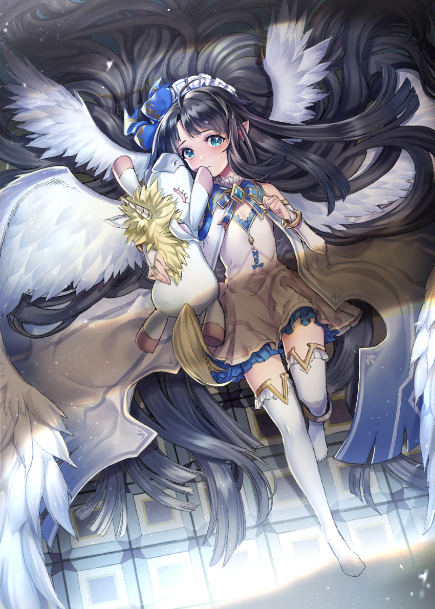 ahoge bare_shoulders black_hair blue_bow blue_eyes blue_ribbon blurry blush bow bracelet bridal_gauntlets brooch closed_mouth cross-laced_clothes detached_sleeves dress feathered_wings female flat_chest frilled_dress frills from_above frown full_body hair_spread_out hairbow highres holding holding_stuffed_toy jewelry knee_up light_particles long_hair looking_at_viewer lying maid_headdress multiple_wings neck_ribbon on_back on_floor panilla_the_revival pointy_ears ribbon short_dress solo straight_hair stuffed_toy stuffed_unicorn thighhighs tile_floor tiles very_long_hair white_dress white_thighhighs white_wings window_shadow wings yamanashi_kawanashi