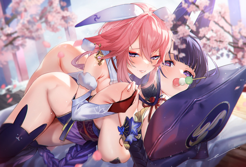 2girls alternate_costume animal_ears black_thighhighs blurry blurry_background braid breasts bridal_gauntlets commentary_request dango detached_collar detached_sleeves earrings elbow_gloves enshou_(namarien) fake_animal_ears floppy_ears food food_in_mouth fox_ears genshin_impact gloves hair_between_eyes highleg highleg_leotard highres hugging_object jewelry large_breasts leotard long_hair looking_at_viewer low-braided_long_hair low-tied_long_hair lying lying_on_person mole mole_under_eye multiple_girls obi obijime parted_lips pillow pillow_hug pink_hair playboy_bunny purple_eyes purple_hair rabbit_ears raiden_shogun sanshoku_dango sash smile strapless thighhighs wagashi yae_miko