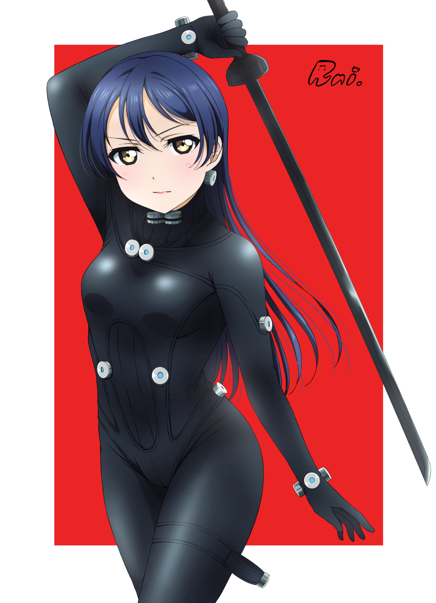 absurdres arm_up artist_name black_bodysuit blue_hair bodysuit breasts closed_mouth commentary cowboy_shot female gantz gantz_suit gantz_sword highres holding holding_sword holding_weapon light_blush lipgloss lips long_hair looking_at_viewer love_live! love_live!_school_idol_project runi_(87025) serious small_breasts solo sonoda_umi sword weapon yellow_eyes